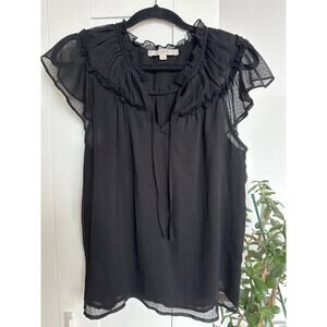 Loft Women's Black Cap Sleeve Ruffle Polka Dot Blouse, Size M, EUC.